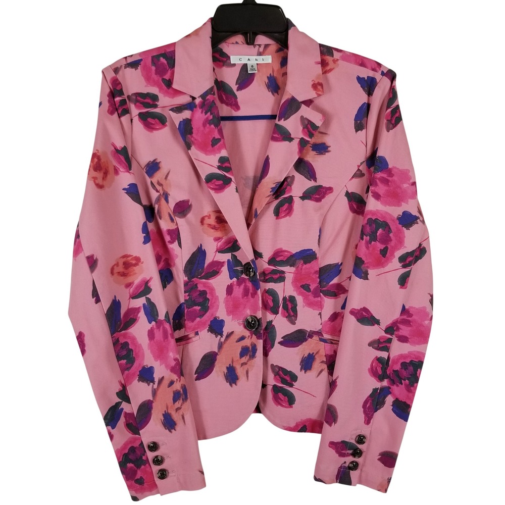 Cabi Floral Blazer Womens Size 8 Pink Magenta Cotton Stretch Twill Jacket 804